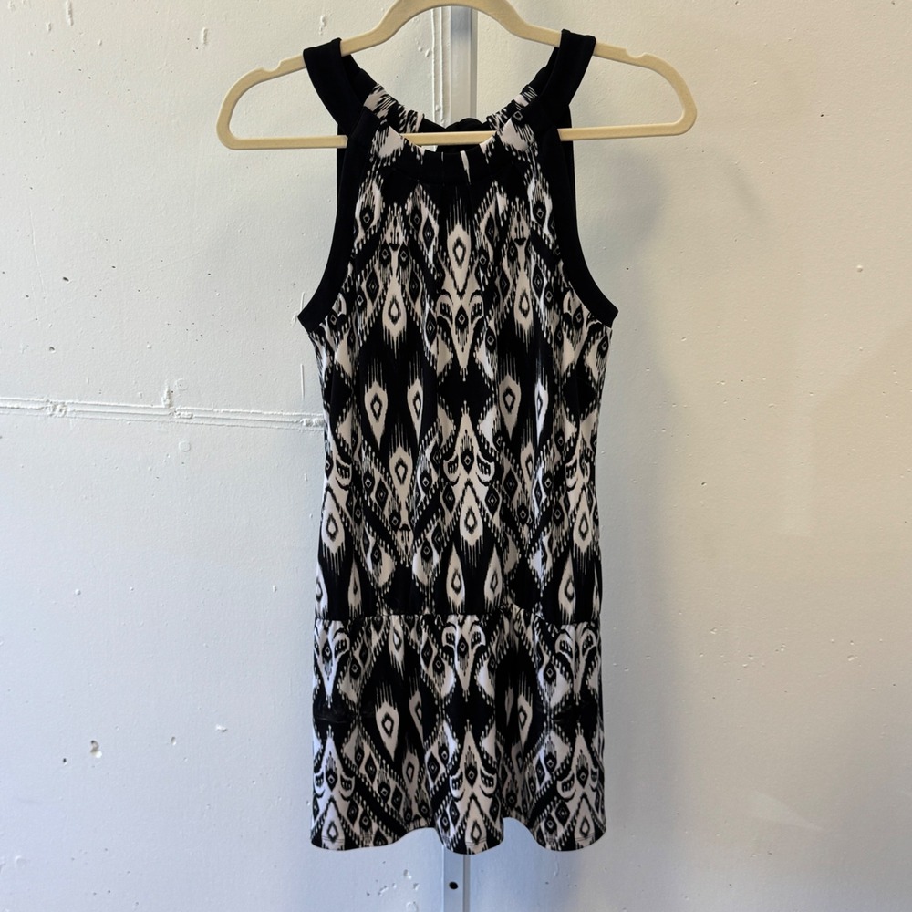 White House Black Market Ikat Halter Top Black White Drop Waist Peplum Small